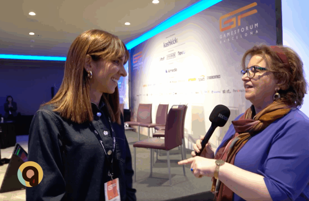 At Gamesforum Barcelona, TapNation's UA Lead Marina Feres Hallack is being interviewed by Peggy Anne Salz